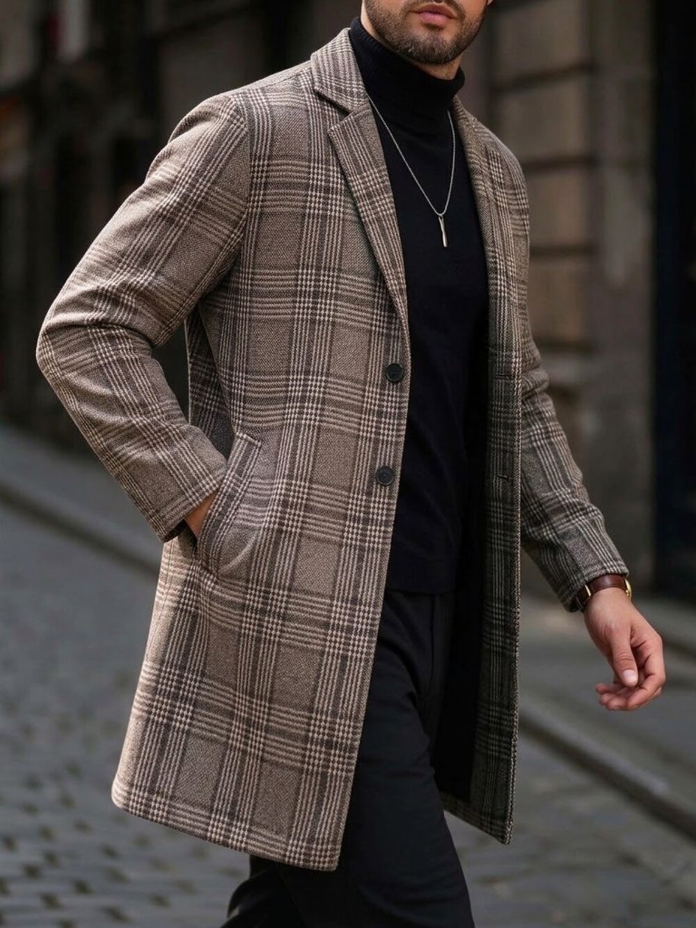 Coffee Brown Casual Men's Plaid Long Coat